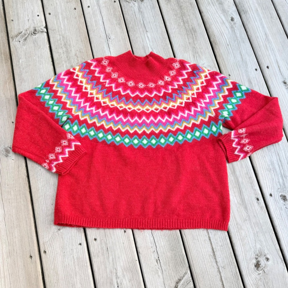 Croft & Barrow Petite PXL Red Fair Isle Mock Neck Sweater Women